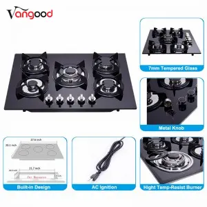 Glass Top 5 Burner Kitchen Built In Countertop Cooking Gas Stove